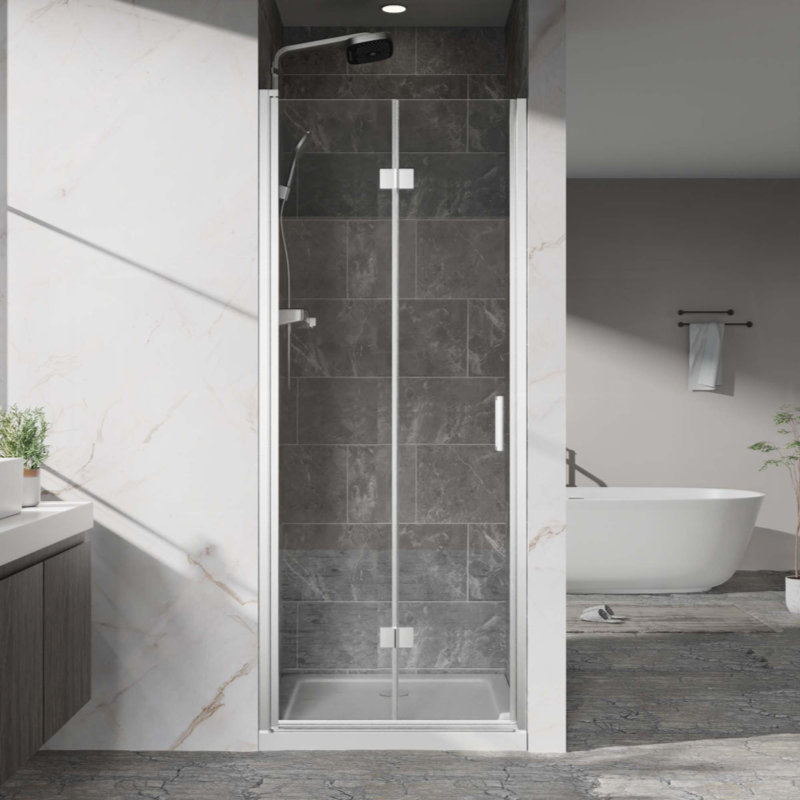 Pivot Shower Doors, Frameless Bi-Fold Swing Shower Door,1/4" (6Mm) Clear Tempered Glass, Chrome Finish Hardware, Reversible Installation
