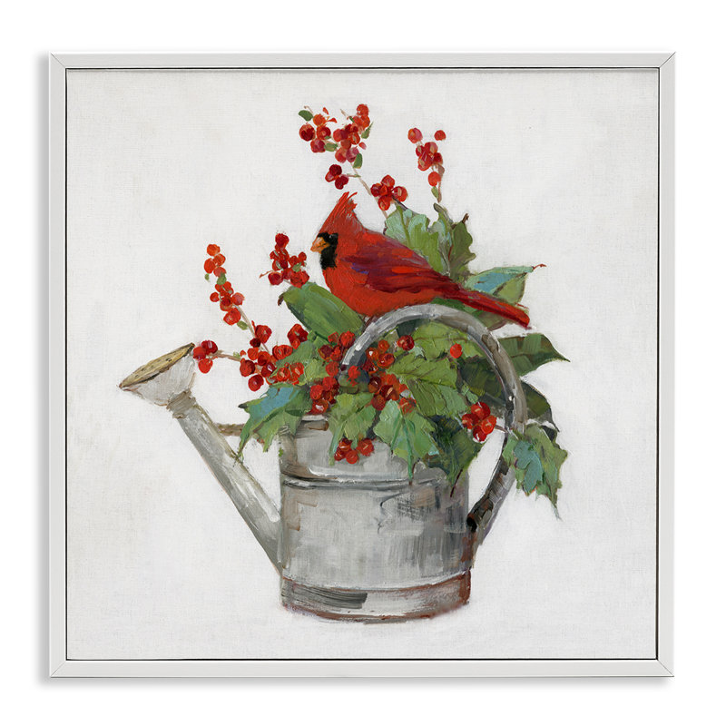 Cardinal et arrosoir encadré, estampe numérique par Sally Swatland, Giclée encadrée blanc bord de mer, H 24 po x l 24 po