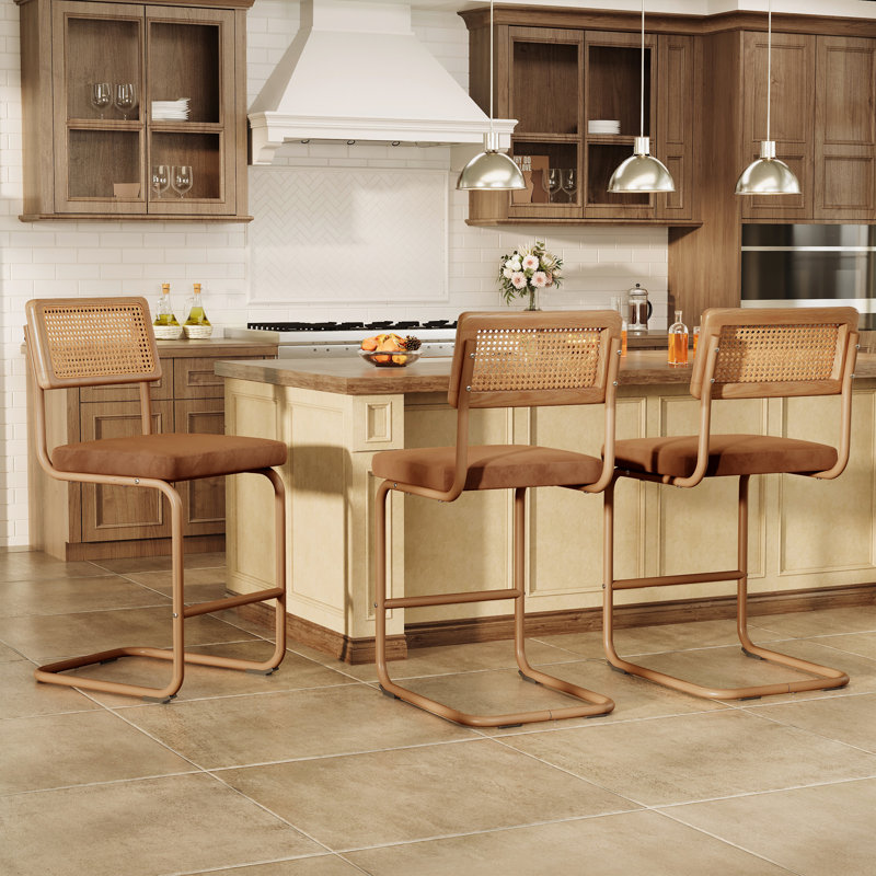 3 pièces Tabouret de bar H 26,1 po - Revêtement en velours - Structure en fer avec dossier en rotin - Tabouret pour îlot de cuisine à hauteur de comptoir - Brun