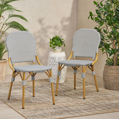 Outdoor PE Rattan And Aluminum Armless French Bistro Chairs, Set Of 2, Gray And Bamboo Finish, Chair