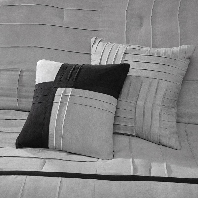 Dune Grey Striped Pieced 7-Piece Queen Comforter Set, Queen Comforter + 6 Additional Pieces, Gray