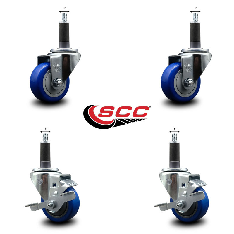 Ensemble de roulettes extensibles pivotantes en poly sur roulettes 2 freins SCC TLB 3 po x 1 po, Bleu