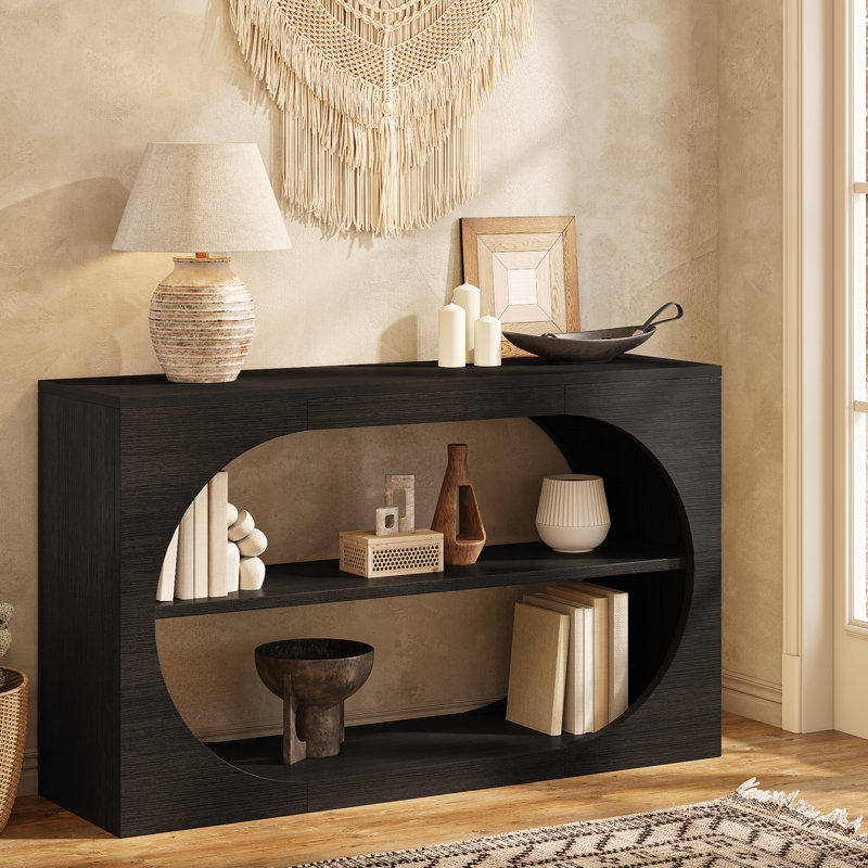 55" Farmhouse Console Table,3-Tier Large Capacity Long Entryway Table Sofa Table with Oval Hollowed Out, Black