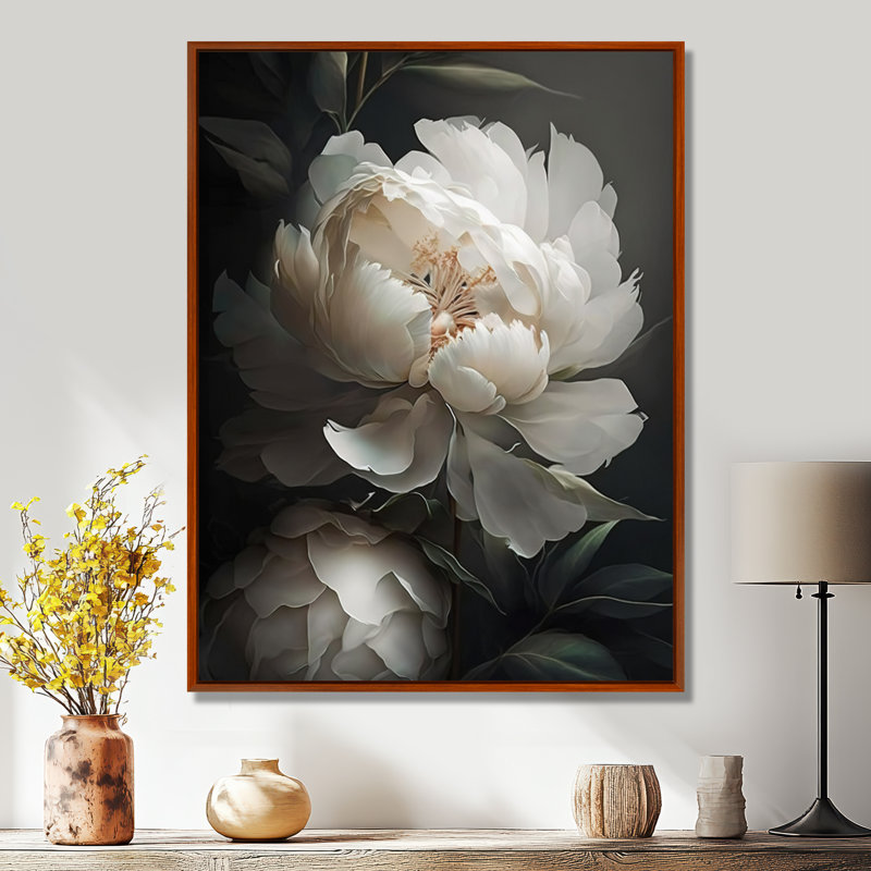 Peony Flower III - pivoines, impressions sur toile, H 32 po x l 24 po, Cadre flottant brun