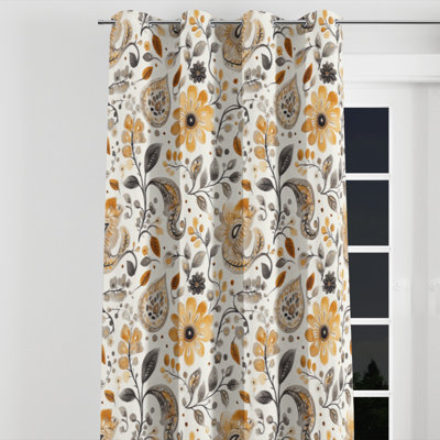 Country Farmhouse Window curtains - Brown Neutral Bloom Paisley Grommet Curtain - 1 Panel