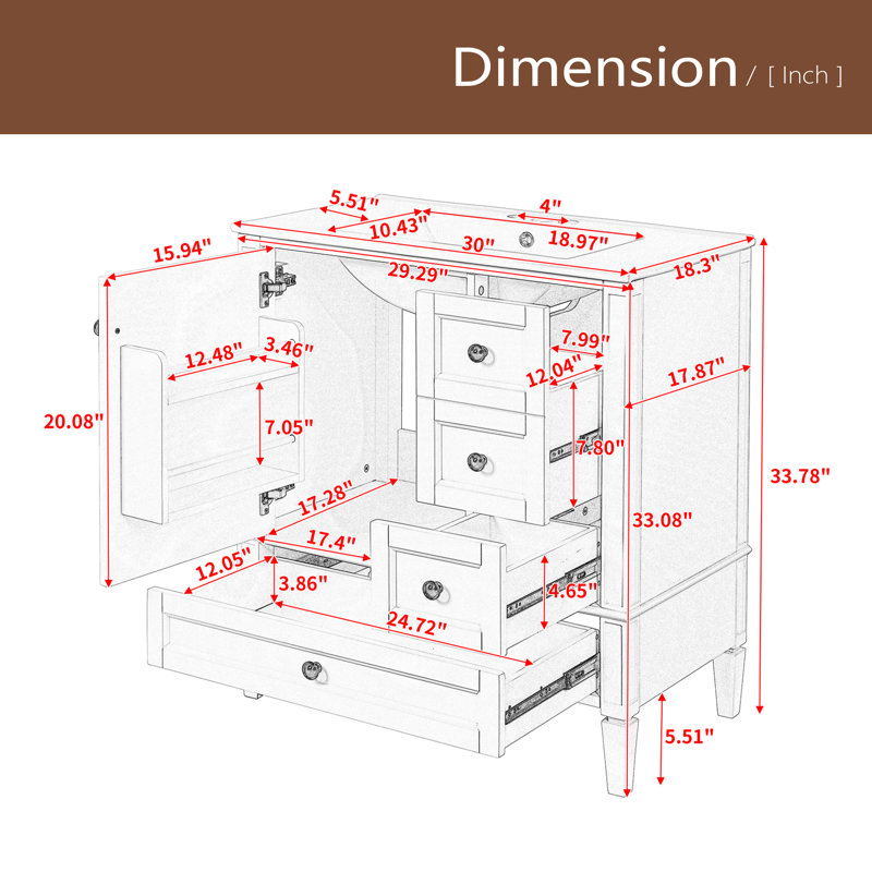 Meuble-lavabo de 30 po avec lavabo en céramique, meuble-lavabo à 3 tiroirs, meuble de rangement moderne en bois massif, idéal pour la maison