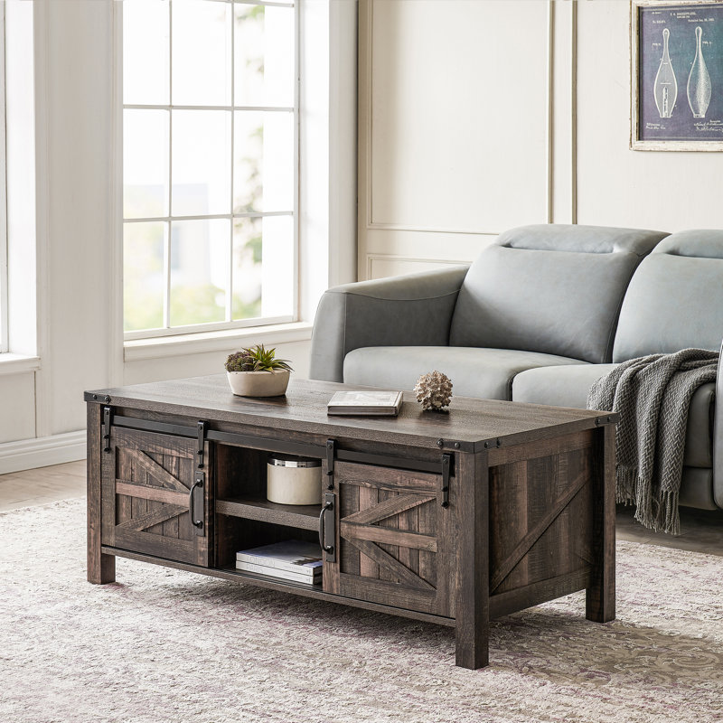 Farmhouse 48" Coffee Table with Sliding Barn Door and Adjustable Shelf, Dark Rustic Oak