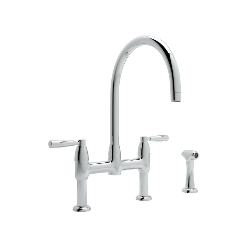 Holborn Bridge Kitchen Faucet With C-Spout and Side Spray, Satin English Gold, Lever