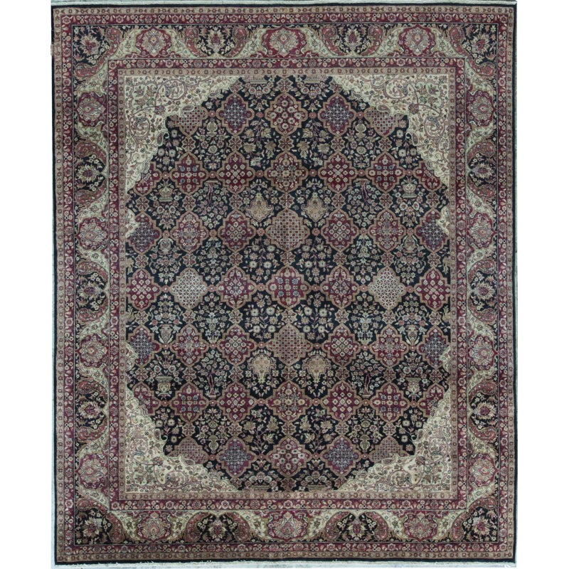 Tapis noir et multicolore de haute qualité noué à la main