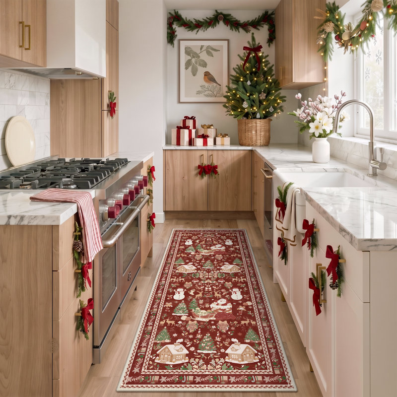 Tapis rouge lavable à la machine Christmas, Tapis de couloir 2 pi x 6 pi