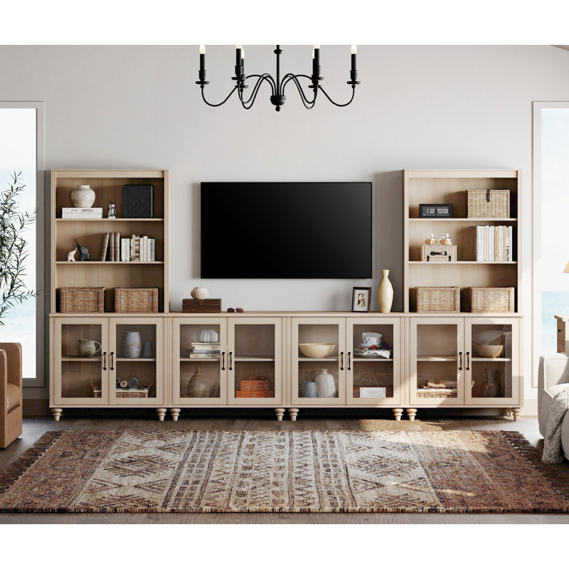 Meuble audio-vidéo avec bibliothèque pour téléviseur de 75 po ou moins, meuble télé avec portes vitrées, cinéma maison et cinéma maison, beige clair