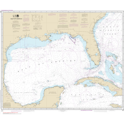 Framed Gulf Of America Nautical Map. NOAA 411 (Aka Gulf Of Mexico)