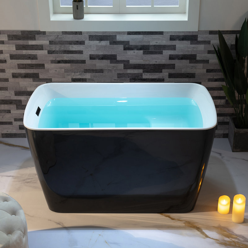 48'' Freestanding Air Soaking Acrylic Rectangular Black Bathtub with Integrated Seat,Non-Slip Design, Matte Black