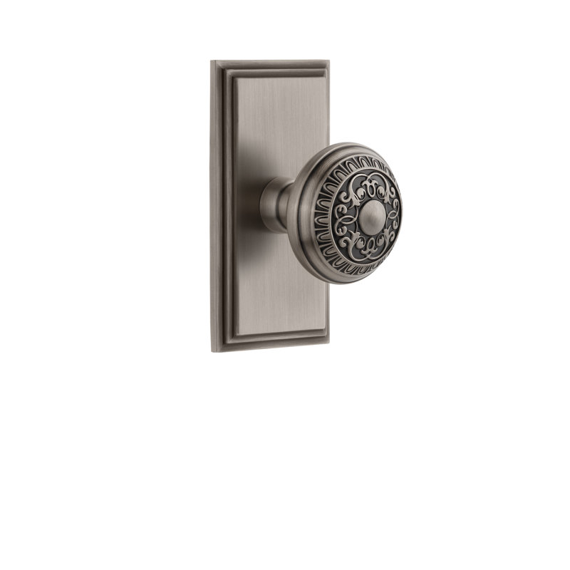 Grandeur Carré Plate Privacy with Windsor Door Knob, Antique Pewter, 2 3/4"