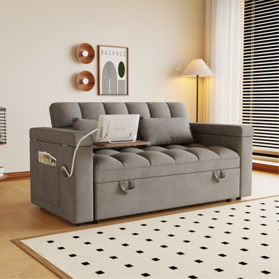 Canapé-lit pliable 65 po 3-en-1 de grande taille avec plateau de table et accoudoirs avec fonction de rangement. Canapé-lit moderne en velours double, canapé-lit avec dossier réglable et coussin, convient au salon