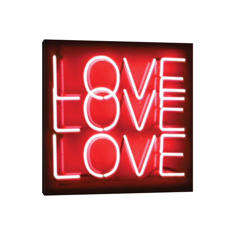 Neon Love Love Love Red On Black by Hailey Carr - Wrapped Canvas Print, 30.48 cm H x 30.48 cm W