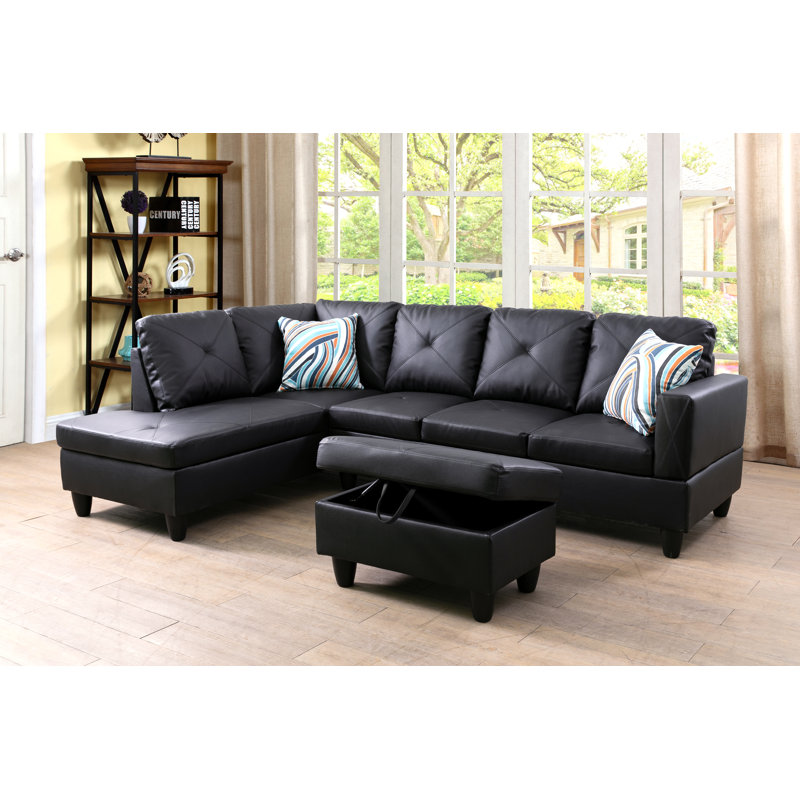 Faux Leather L-Shaped Sectional Left Hand Facing, Black Faux Leather