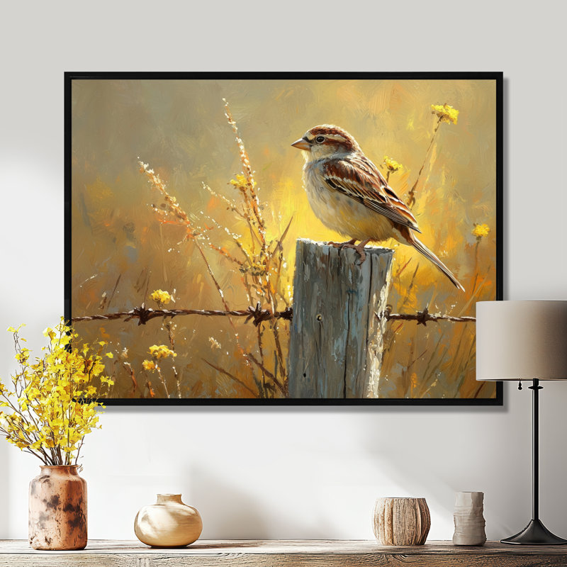 «Old Sparrow Bird On A Fence Post I», reproduction d'art sur toile, H 34 po x l 44 po, Noir, Cadre flottant