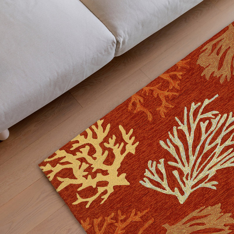Tapis rouge / orange / beige noué à la main Rundall, Rectangle 3 pi 6 po x 5 pi 6 po