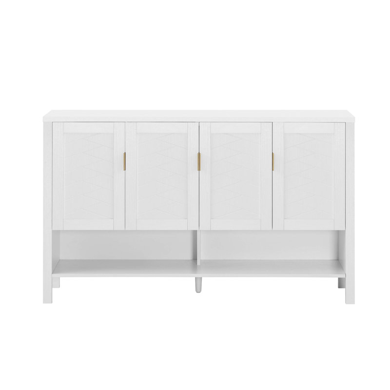 Buffet de rangement 55,1 po avec 4 portes, buffet multifonctionnel avec tablette ouverte et 2 tablettes réglables, armoire moderne avec crochets doubles, convient au salon, au couloir, à la salle à manger et au bureau