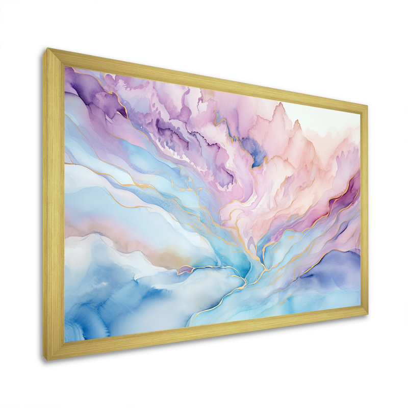 Rose et bleu, lever de soleil sur glacier - formes abstraites, art mural, Cadre doré simple, H 34 po x l 44 po x P 1,5 po