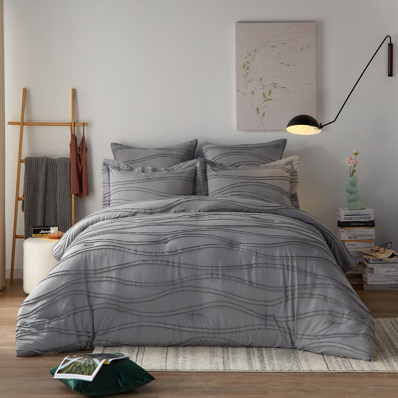 Ensemble d'édredon en microfibre 3 pièces , gris, Édredon pour grand lit + 2 taies décoratives sta