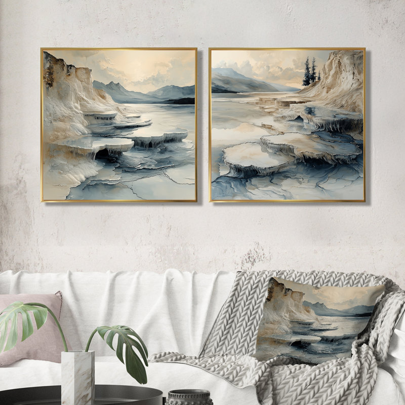 «Hot Springs» de Istanbul, Pamukkale gris, art mural industriel, 2 pièces, H 30 po x l 61 po, Impression encadrée flottante