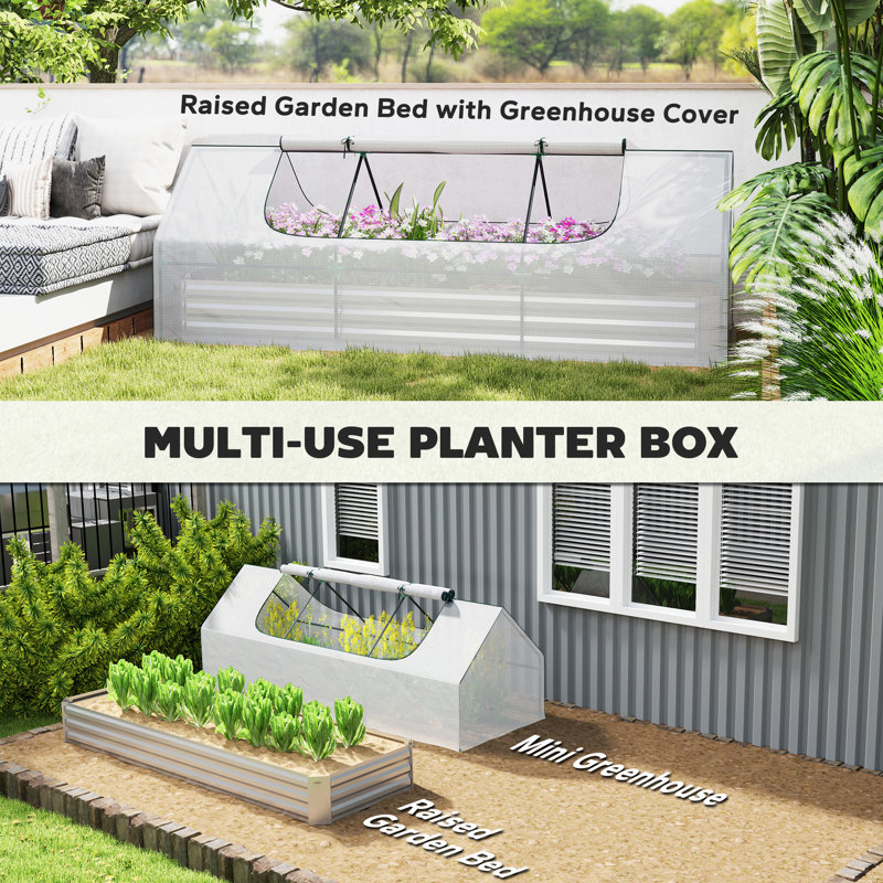 White Galvanized Steel Raised Garden Bed with Mini Greenhouse Cover