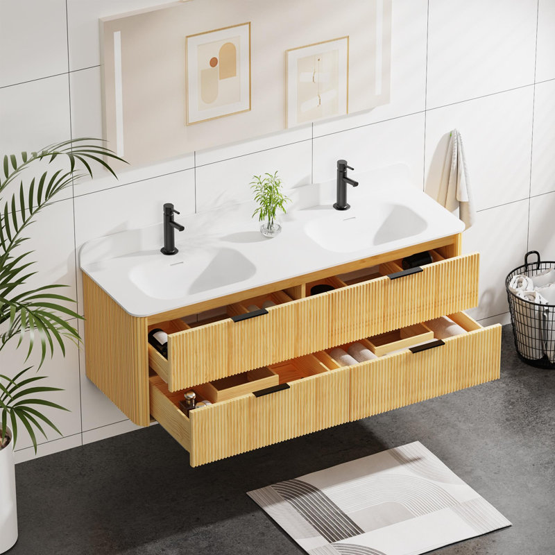 Meuble-lavabo mural avec lavabo et 4 tiroirs, Chêne doré