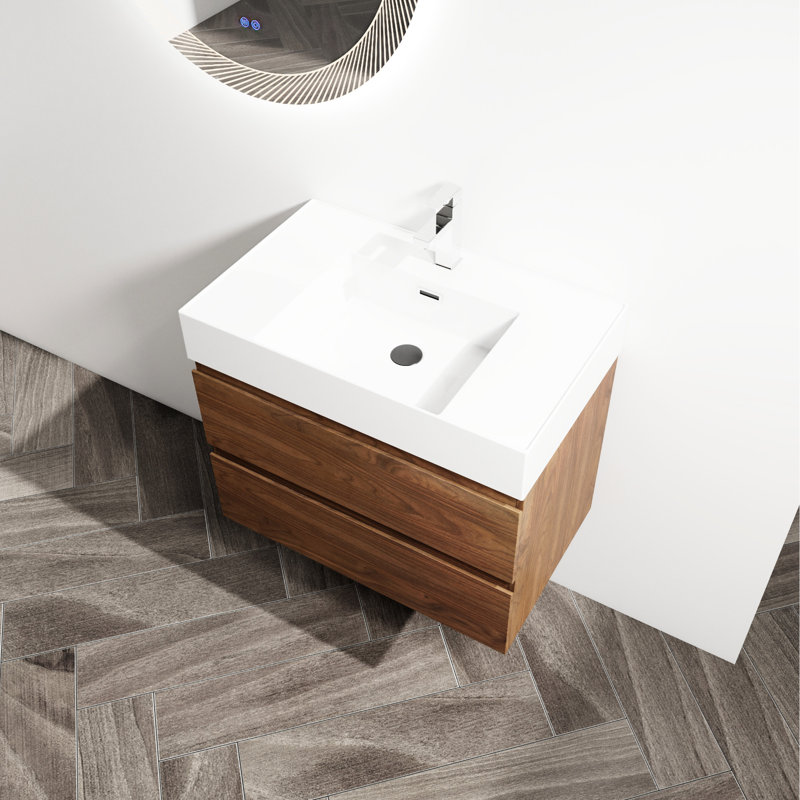 Meuble-lavabo mural de 30 po avec lavabo en résine. Style moderne, 2 tiroirs à fermeture en douceur. Contreplaqué pour lavabo à utilisation longue durée et moderne. Durabilité de fabrication