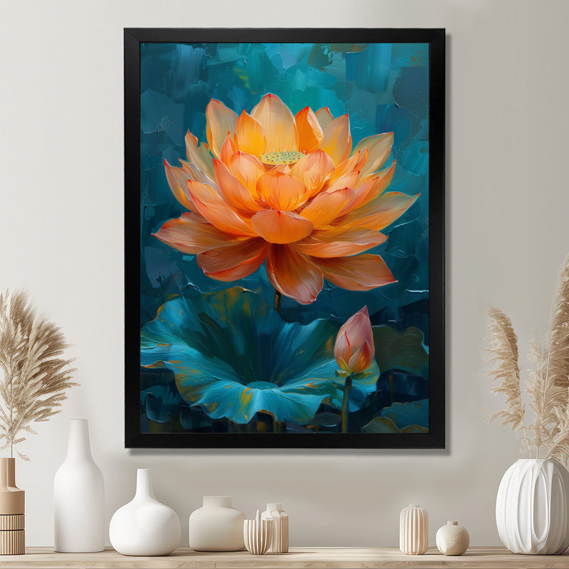 «Vibrant Orange and Blue Lotus Bloom II», impression d'art mural Lotus, Cadre simple noir, H 24 po x l 32 po