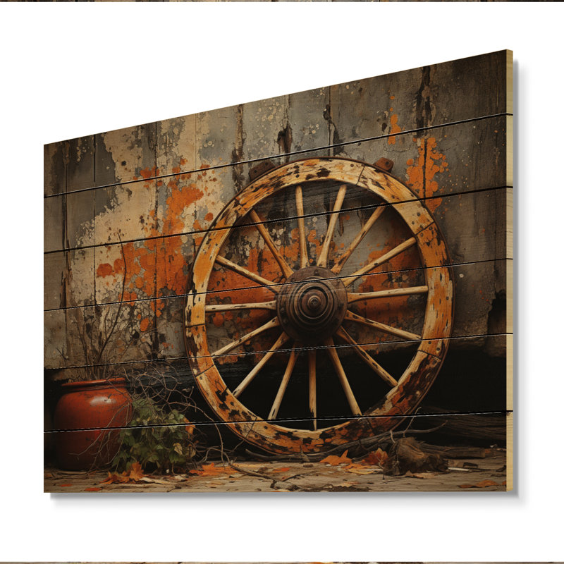 Vieille roue de chariot orange I sur bois, H 30 po x l 40 po x P 0,78 po