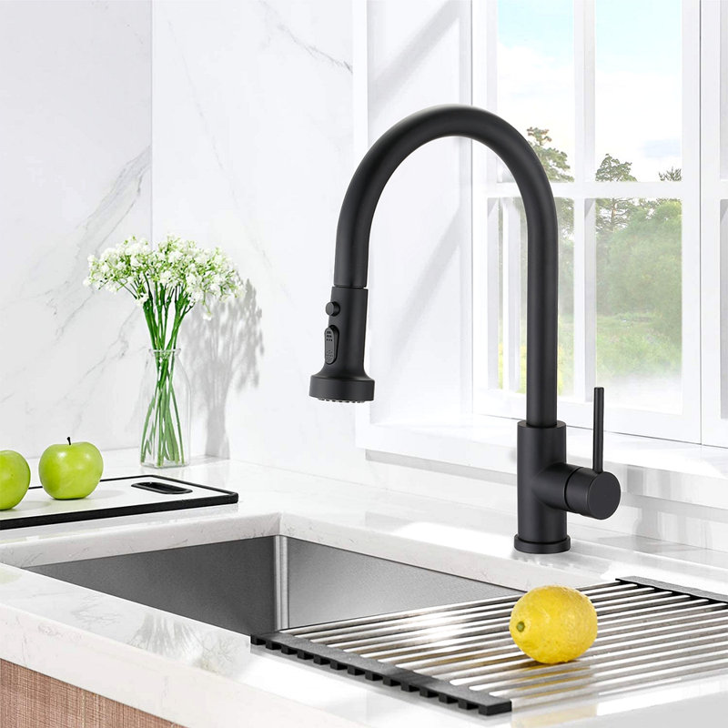 Robinet de cuisine rétractable en acier inoxydable avec douchette, Noir mat
