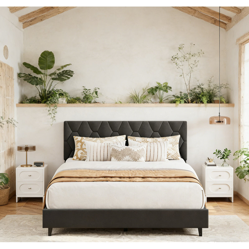 Structure de lit plateforme tapissier, Gris, Lit double