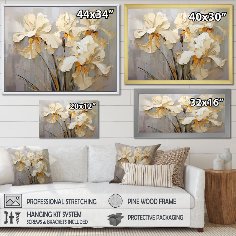 Golden Serenade of Irises sur toile, Cadre simple argenté, H 16 po x l 32 po x P 1 po