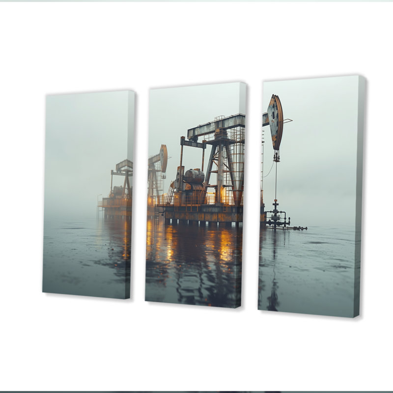 Gris, jaune, hiver, carburant, Futures, plate-forme de pétrole, ensemble d'art mural, H 28 po x l 36 po x P 1 po