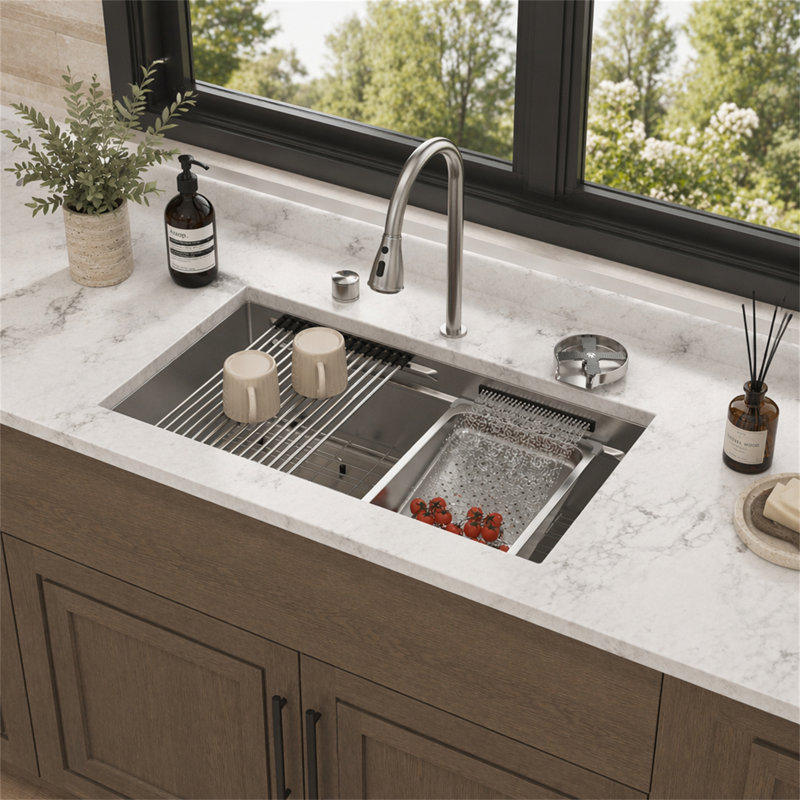 Évier de cuisine encastrable 33 po 33 po x 16,72 po x 10 po à cuve simple en acier inoxydable de calibre 16 avec robinet rétractable et laveuse à tasses