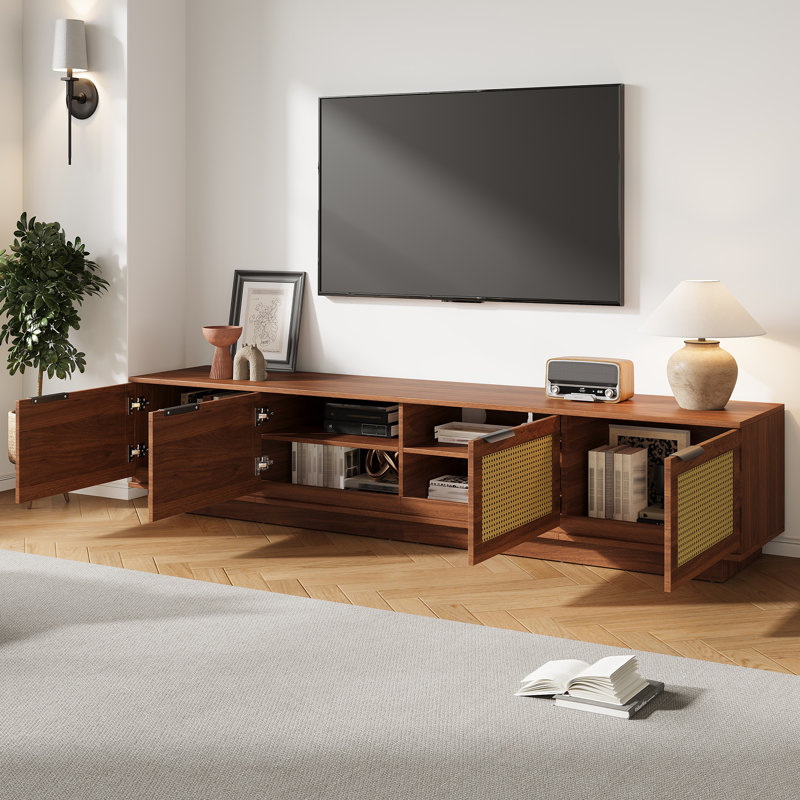 Meuble télé 78 po pour téléviseur de 85 po ou moins, console multimédia avec panneaux avant en rotin, pour salon, centre de divertissement moderne