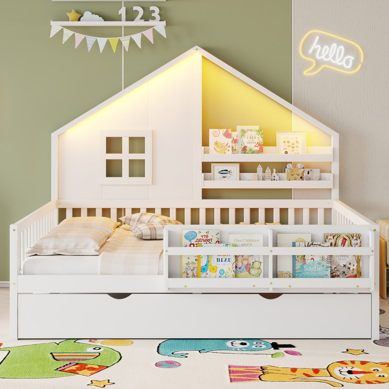 Structure de lit simple en bois avec lit gigogne, tablettes et éclairage pour enfants, blanc, Lit double, Blanc