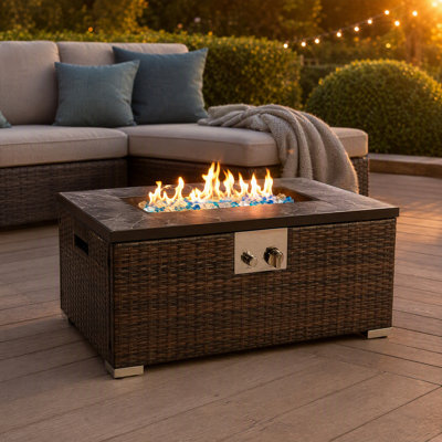 32"  Propane Fire Pit 32 Inch Propane Fire Pit Table, 50,000 BTU Outdoor Gas Fire Table with Ceramic Tile Top & Wicker Base, Rectangular Patio Fire Pit with Glass Rocks & CoverTable, 50,000 BTU Outdoor Gas Fire Table with Hidden Tank Seat, Lightweight Concrete Modern Fire Pit for Patio, Backyard & Deck – Includes Lava Rocks & Waterproof Cover