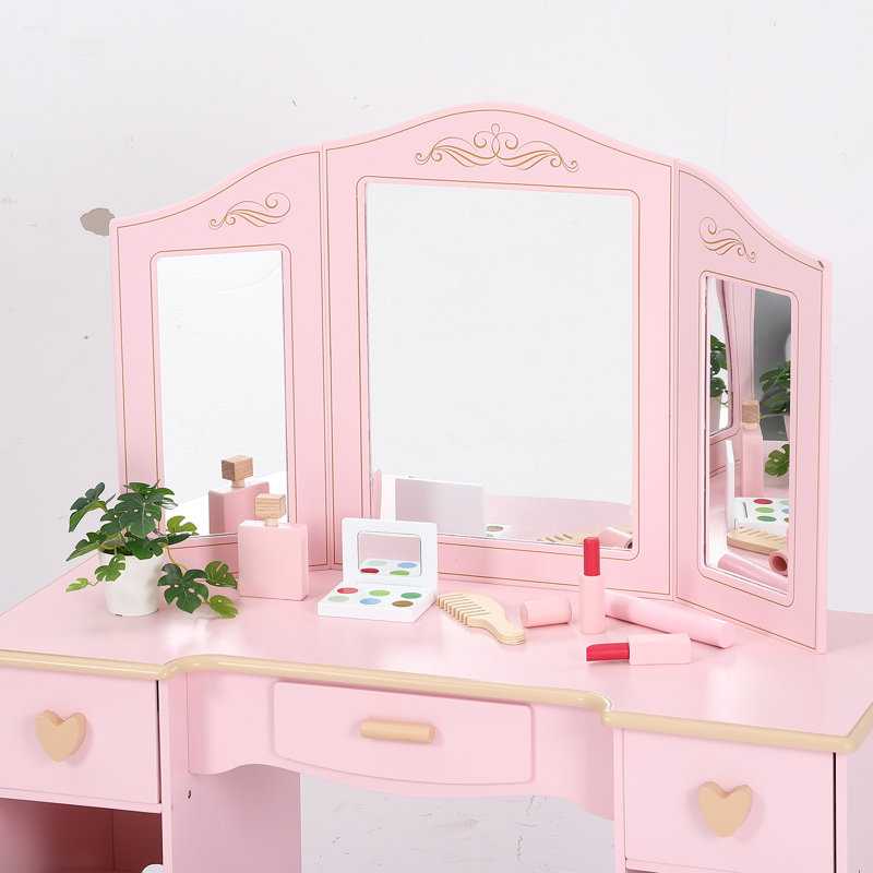 Kids Vanity Set with Mirror and Storage Drawers – Pretend Play Makeup Table with Wooden Accessories and Stool