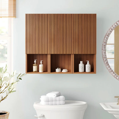 Modern 41.5-Inch Wall-Mounted Walnut Bathroom Vanity,Open Solid Wood Slatted Storage Compartment With Shelf
