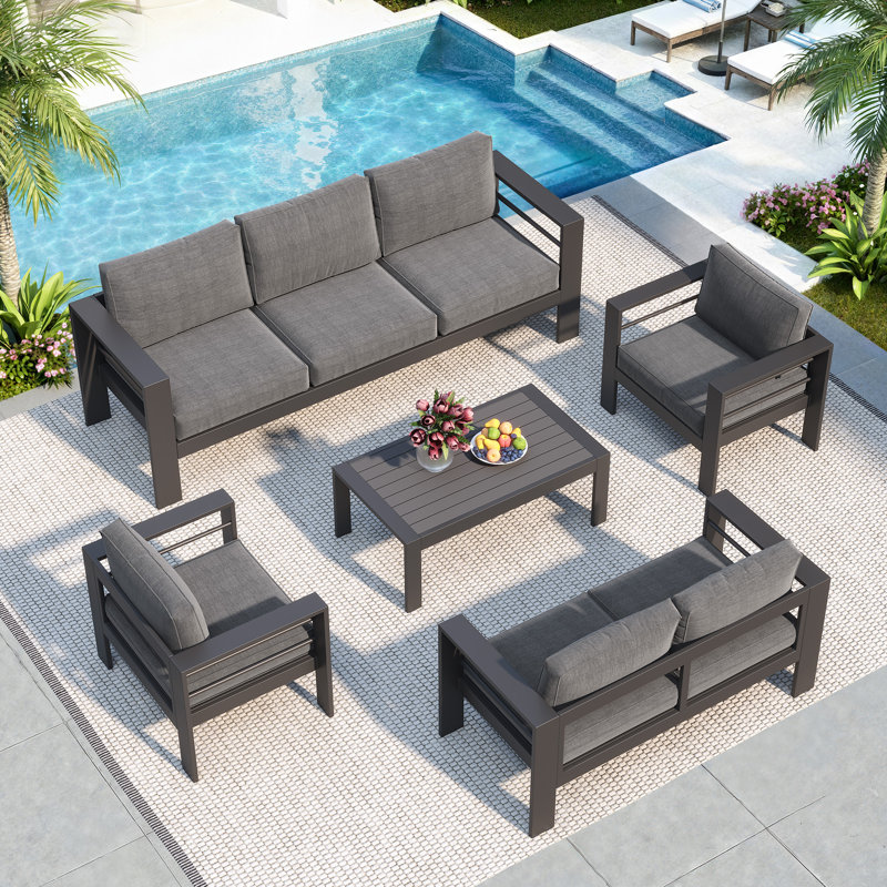 All-Aluminum Outdoor Furniture Set for all Weather, 7-Person Patio Furniture Set with Soft Cushion, 5-Piece Outdoor Patio Set with 3.2" Widened Armrest