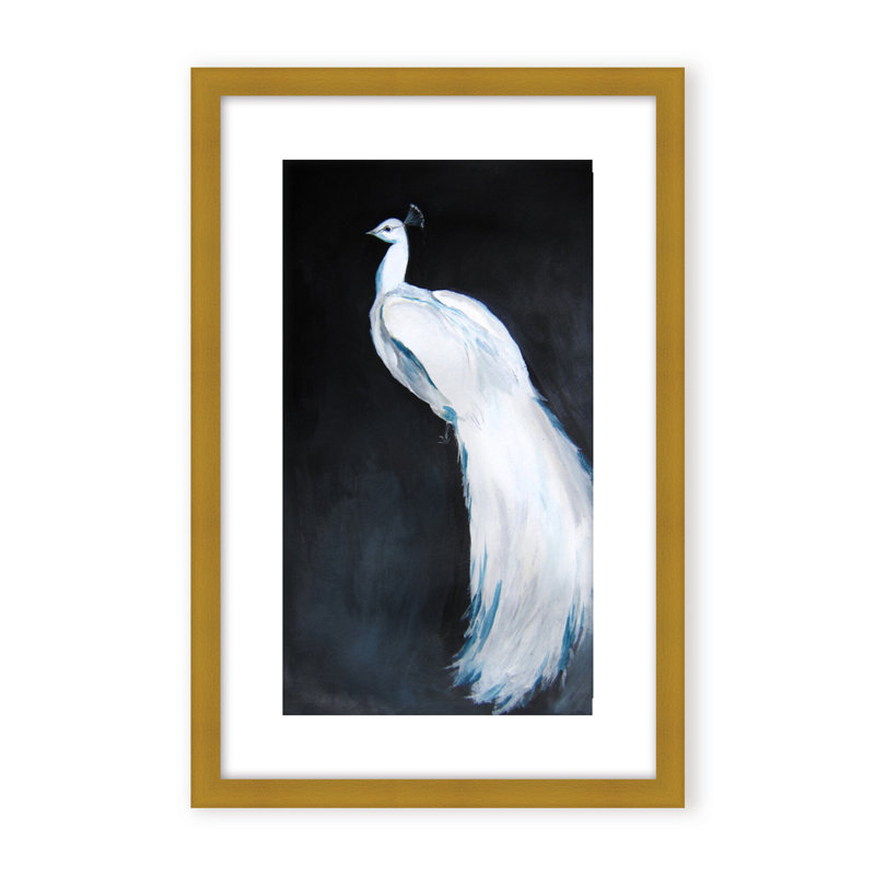 Nature Inspired Alabaster Majesty: White Peacock Against The Night, 30" H x 24" W x 1.125" D, Brown, Framed Print