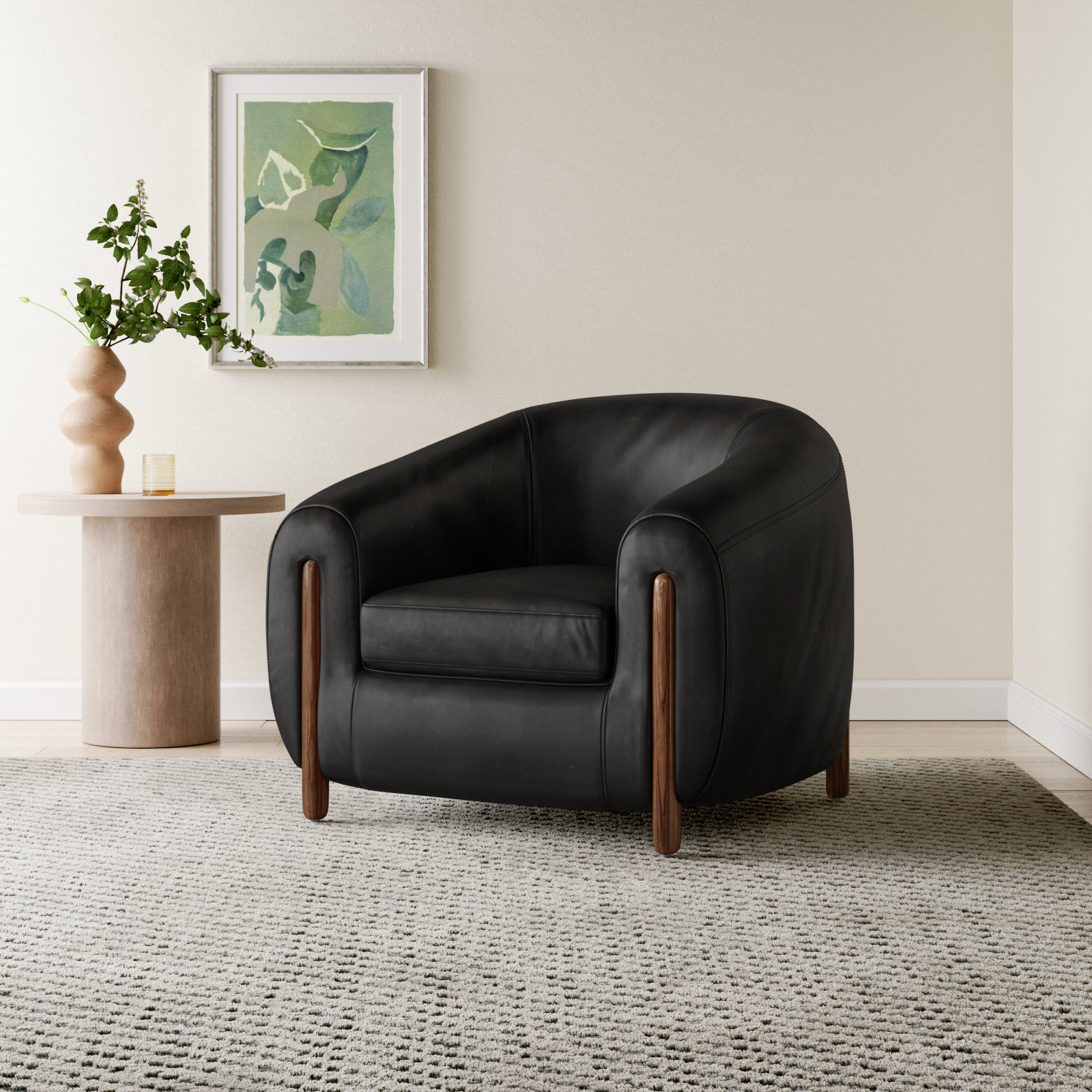 Bruno Oak Genuine Leather Barrel Chair, Heirloom Black Leather