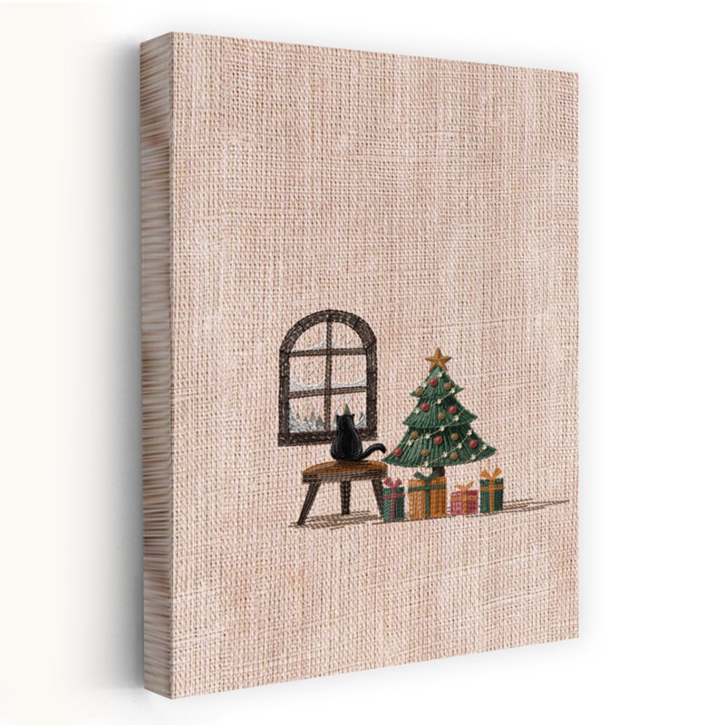Art contemporain contemporain, arbre de Noël abstrait, chat, hiver, H 36 po x l 24 po