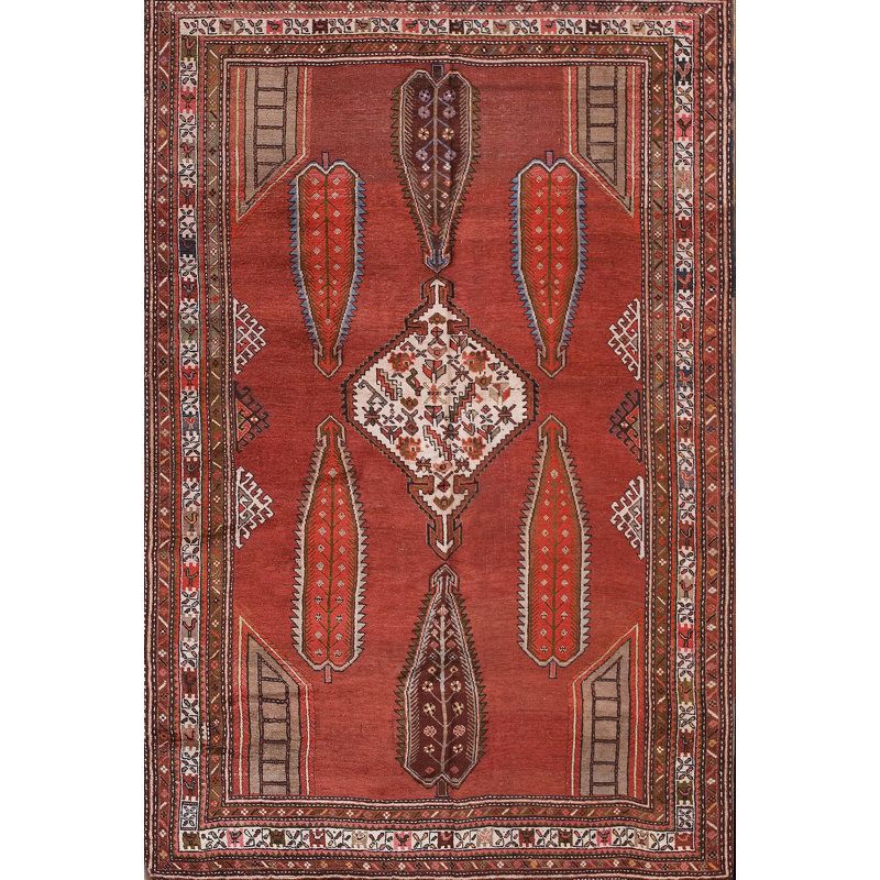 Antique Caucasian Geometric Medallion Wool Hand Knotted Pile Coral / Salmon Pink 1900s Rug