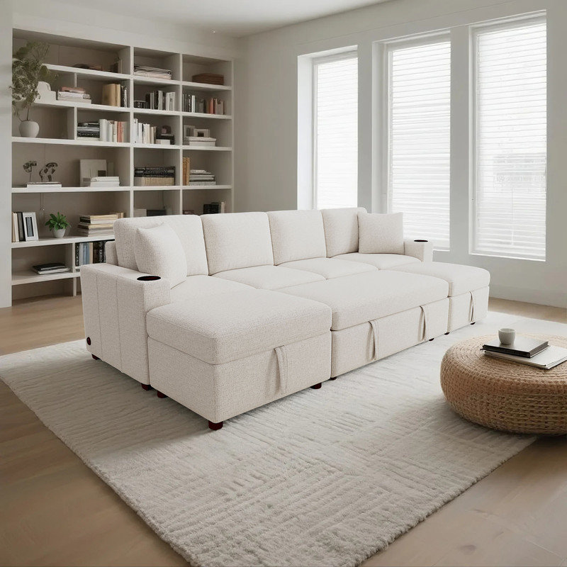 Canapé-lit modulaire convertible avec repose-pieds et ports USB, Chenille beige