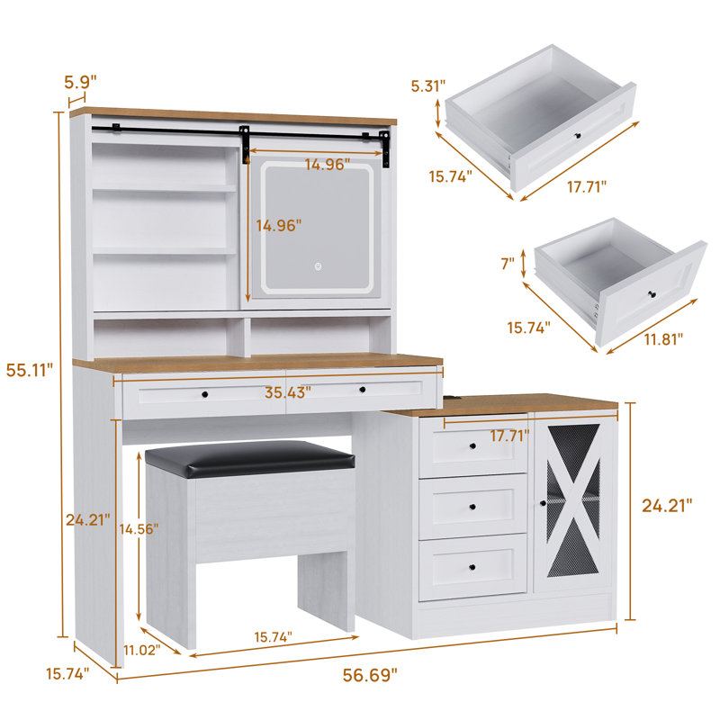 Modern with LED Lighted Mirror and Built-in 3-mode Lighting 3 Drawer Dresser with Stool and Side Cabinet