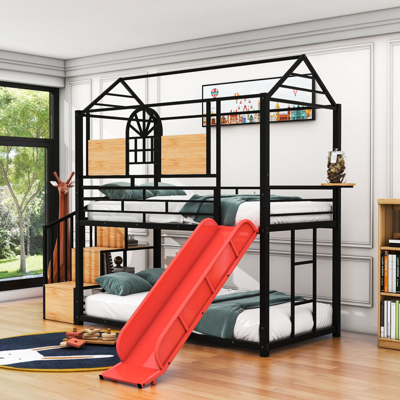 Lit pour enfant avec glissade et escalier de rangement Galatia, Noir et rouge
